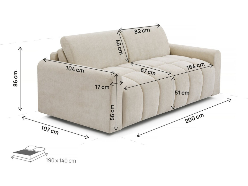 Rozkładana sofa ekspresowa "Isadora" - Materac 18 cm - Łóżko 140 cm - 3-osobowa - Beżowy