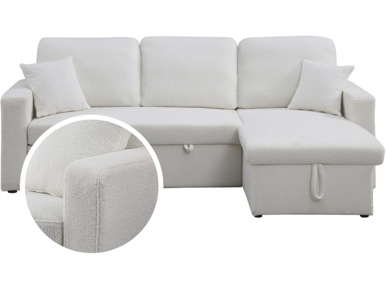 Sofa narożna "Alain" rozkładana/odwracana z pojemnikiem - 3 osobowa - Bouclettes - Biały