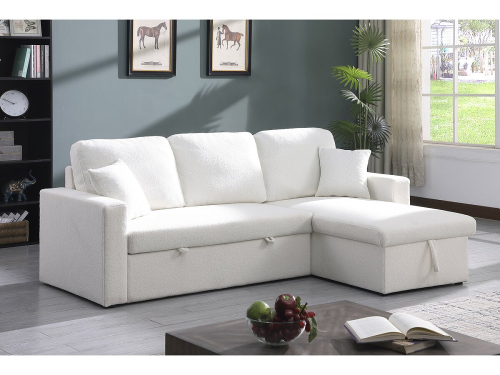 Sofa narożna "Alain" rozkładana/odwracana z pojemnikiem - 3 osobowa - Bouclettes - Biały