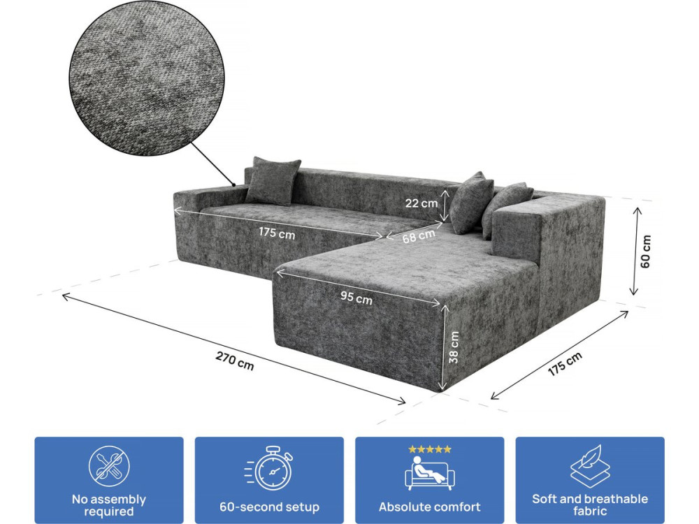 Narożna sofa "Tessaro" z teksturowanej tkaniny - 4-osobowa - szara
