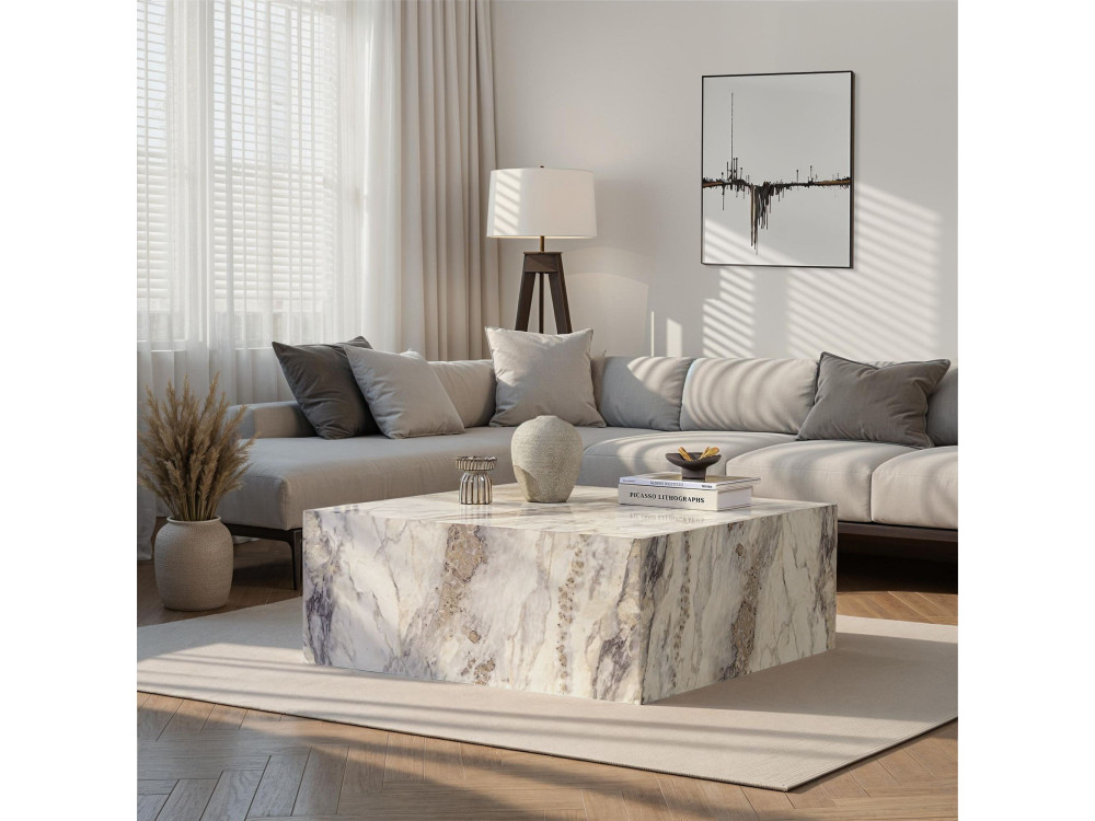 Drewniany stolik kawowy "Prizma" - 90 x 90 x 35 cm - marmur frezja
