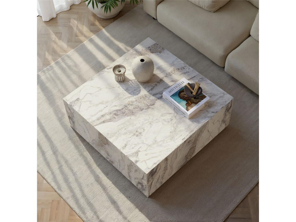 Drewniany stolik kawowy "Prizma" - 90 x 90 x 35 cm - marmur frezja