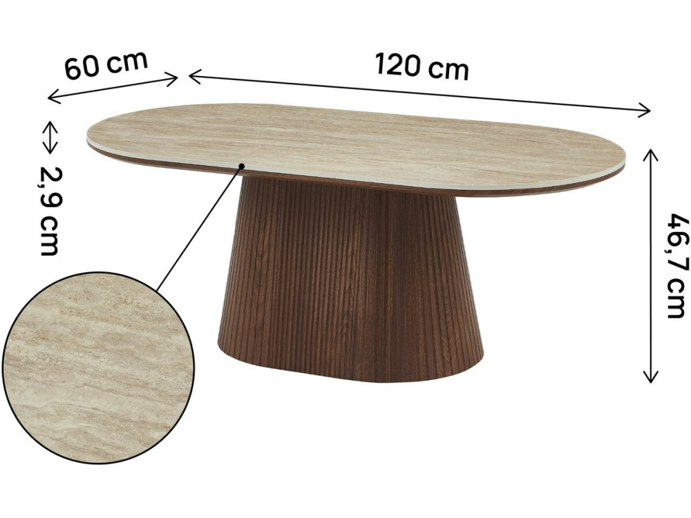 Owalny ceramiczny stolik kawowy "Portofino" - 120 cm - trawertyn i brąz