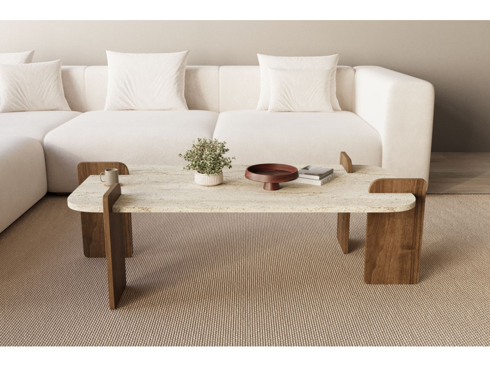Drewniany stolik kawowy "Leapiri" - 120 x 60 x 35 cm - trawertyn