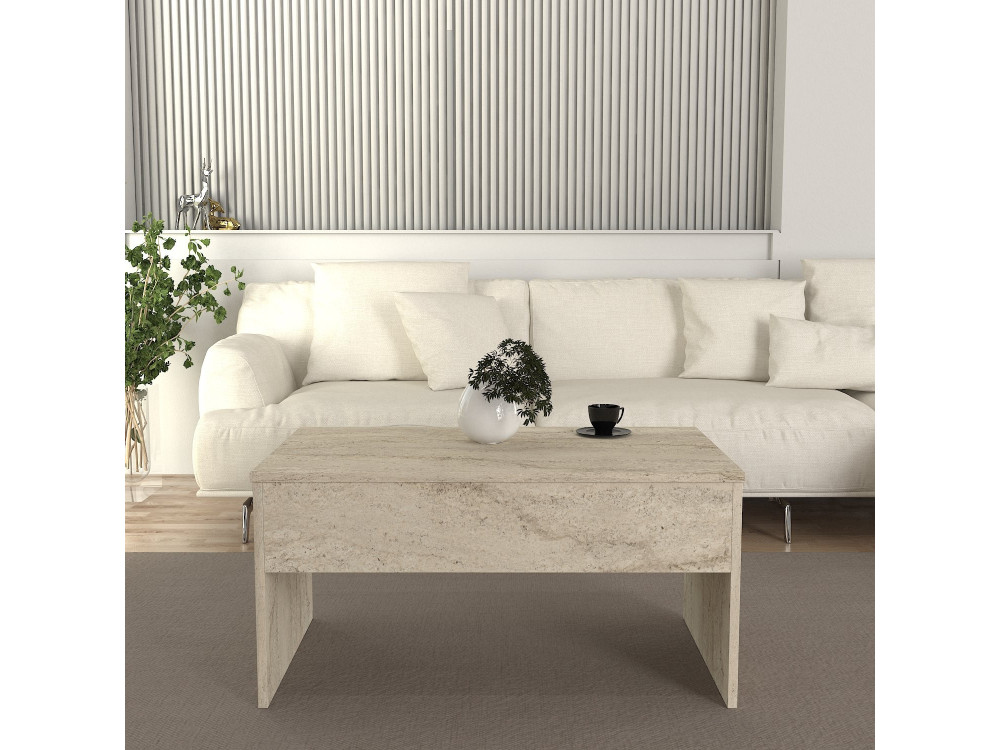 Stolik kawowy "Akilli" z drewnianym schowkiem - 90 x 45 x 52 cm - Trawertyn
