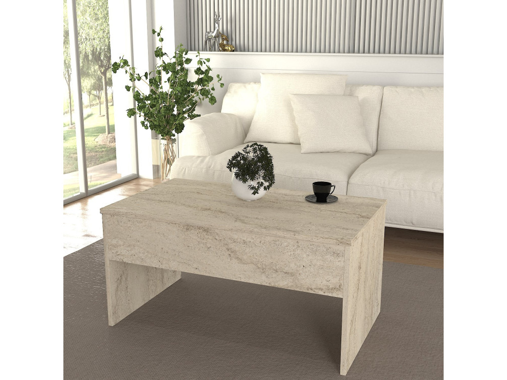 Stolik kawowy "Akilli" z drewnianym schowkiem - 90 x 45 x 52 cm - Trawertyn