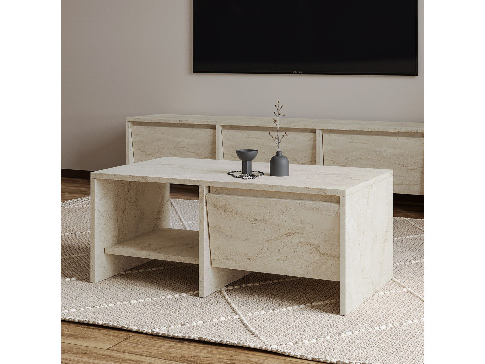 Drewniany stolik kawowy "Laris" - 90 x 45 x 35 cm - trawertyn