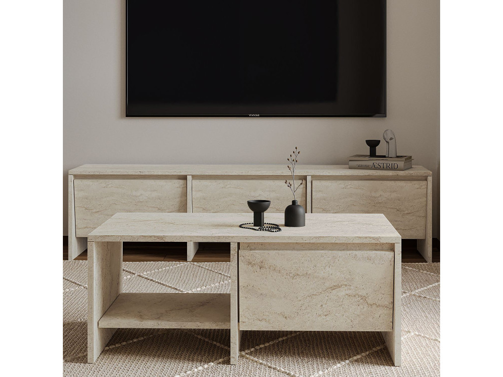 Drewniany stolik kawowy "Laris" - 90 x 45 x 35 cm - trawertyn