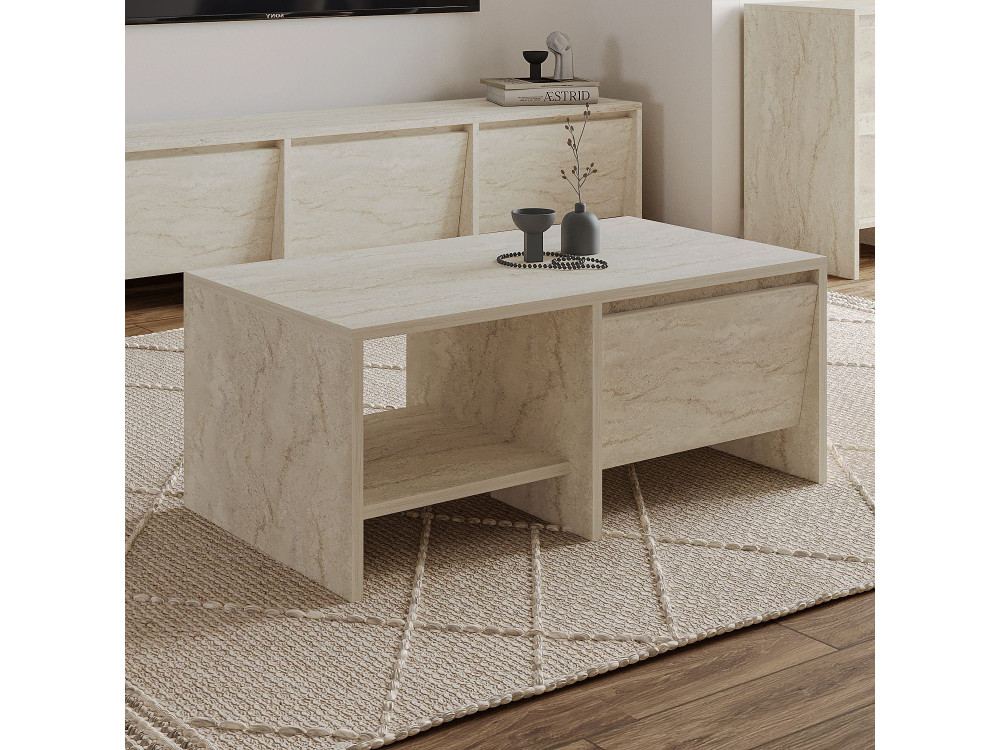Drewniany stolik kawowy "Laris" - 90 x 45 x 35 cm - trawertyn
