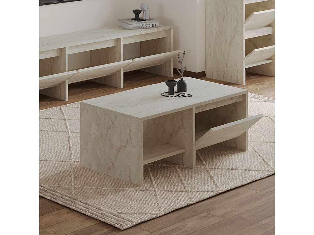 Drewniany stolik kawowy "Laris" - 90 x 45 x 35 cm - trawertyn