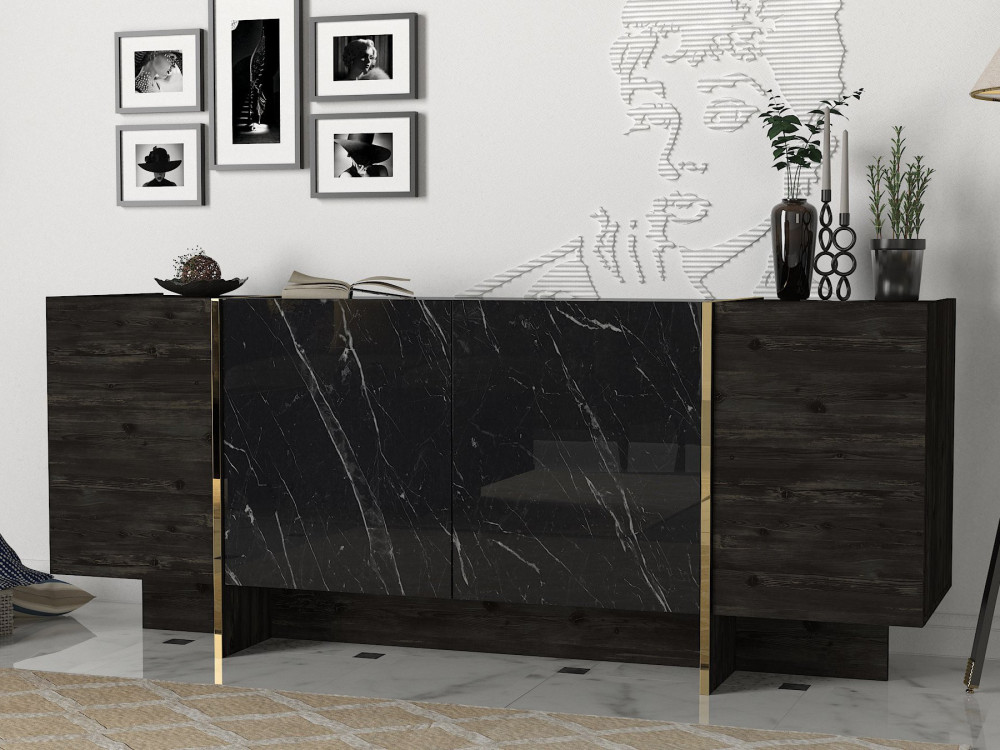 Drewniany kredens "Veyron" - 180 x 46 x 75 cm - Czarny/złoty