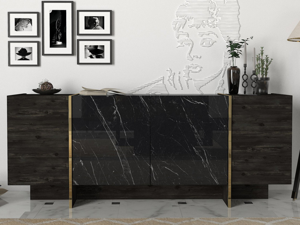 Drewniany kredens "Veyron" - 180 x 46 x 75 cm - Czarny/złoty