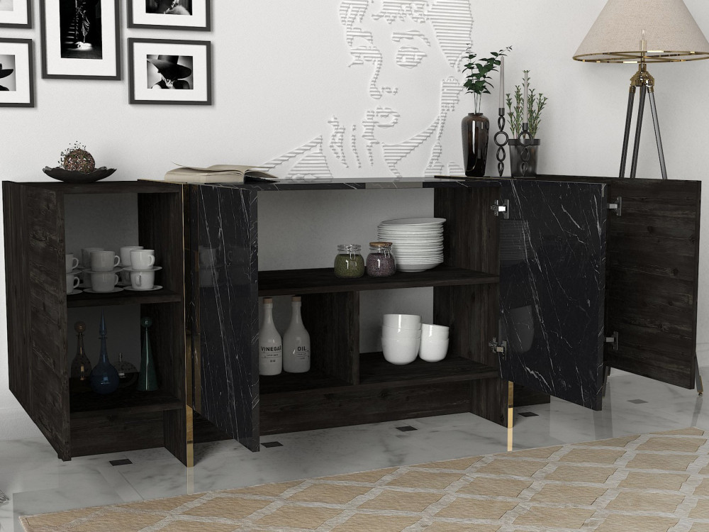Drewniany kredens "Veyron" - 180 x 46 x 75 cm - Czarny/złoty