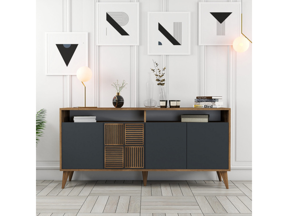 Drewniany kredens "Milan" - 160 x 35 x 78 cm - Orzech, Antracyt
