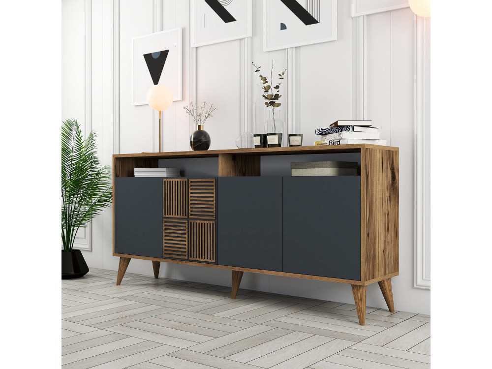 Drewniany kredens "Milan" - 160 x 35 x 78 cm - Orzech, Antracyt