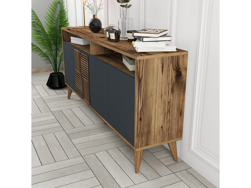 Drewniany kredens "Milan" - 160 x 35 x 78 cm - Orzech, Antracyt