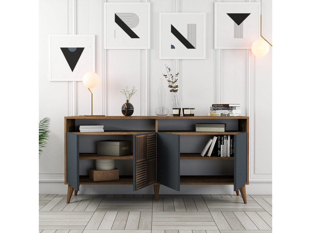 Drewniany kredens "Milan" - 160 x 35 x 78 cm - Orzech, Antracyt