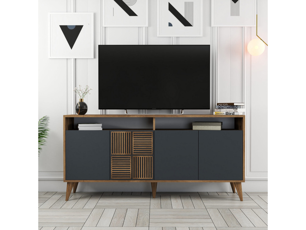 Drewniany kredens "Milan" - 160 x 35 x 78 cm - Orzech, Antracyt