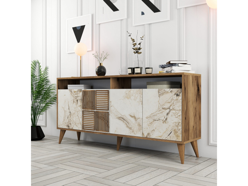 Drewniany kredens "Milan" - 160 x 35 x 78 cm - Orzech, Biały marmur