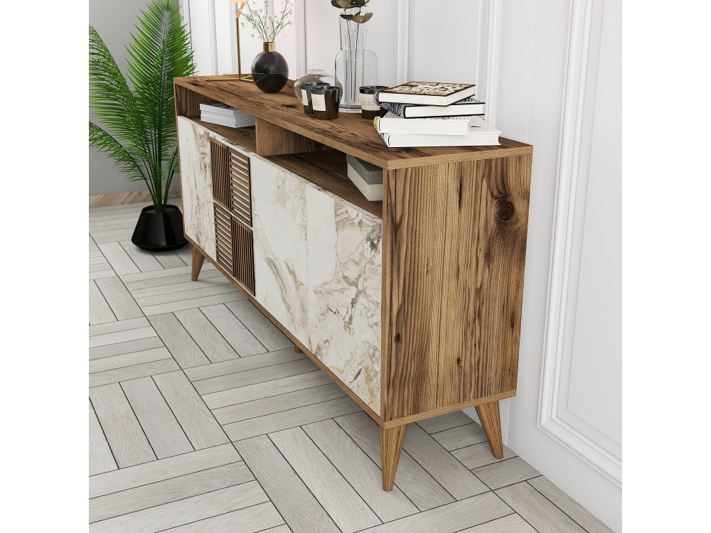 Drewniany kredens "Milan" - 160 x 35 x 78 cm - Orzech, Biały marmur