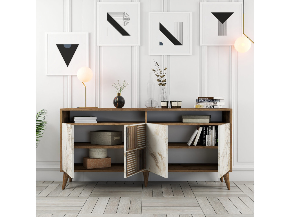 Drewniany kredens "Milan" - 160 x 35 x 78 cm - Orzech, Biały marmur