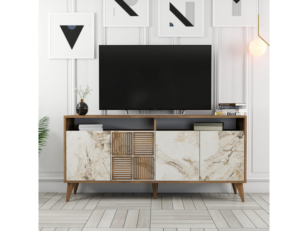 Drewniany kredens "Milan" - 160 x 35 x 78 cm - Orzech, Biały marmur