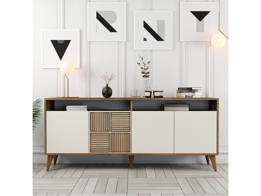 Drewniany kredens "Milan" - 180 x 35 x 78 cm - Orzech, Kremowy