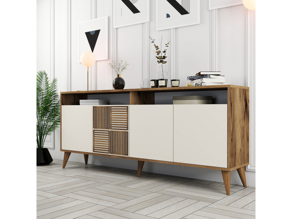 Drewniany kredens "Milan" - 180 x 35 x 78 cm - Orzech, Kremowy