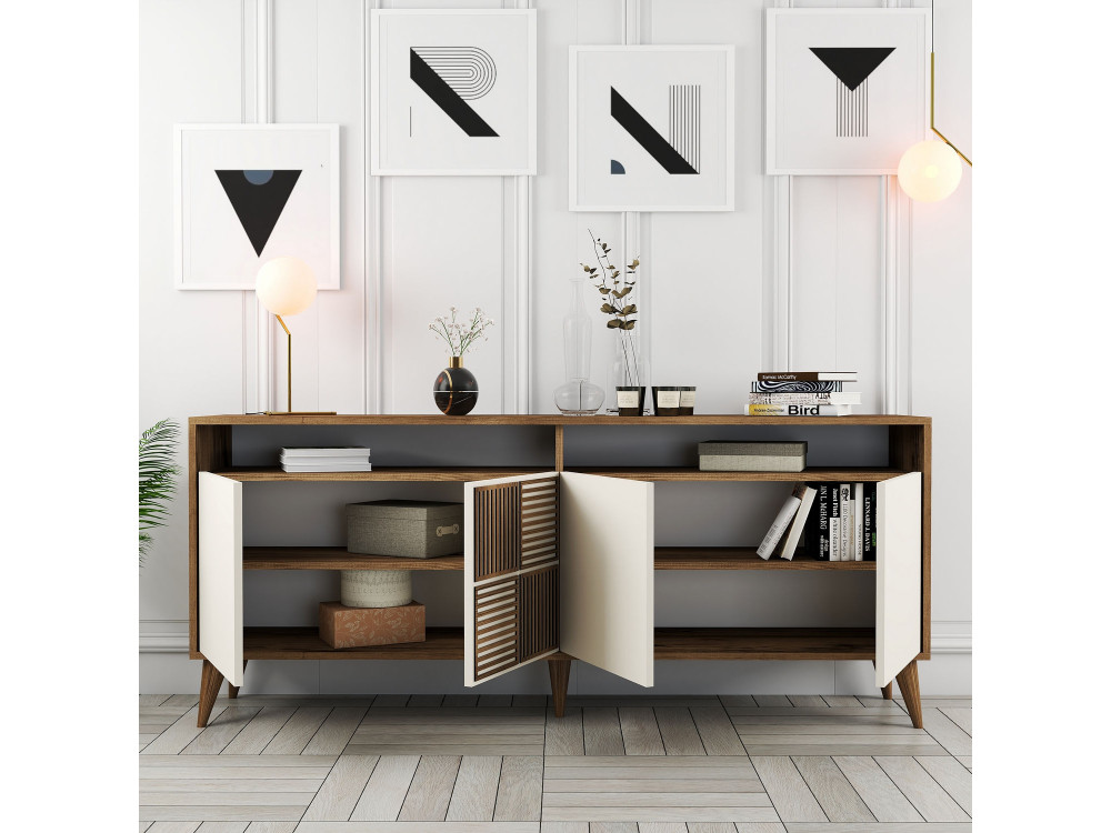 Drewniany kredens "Milan" - 180 x 35 x 78 cm - Orzech, Kremowy