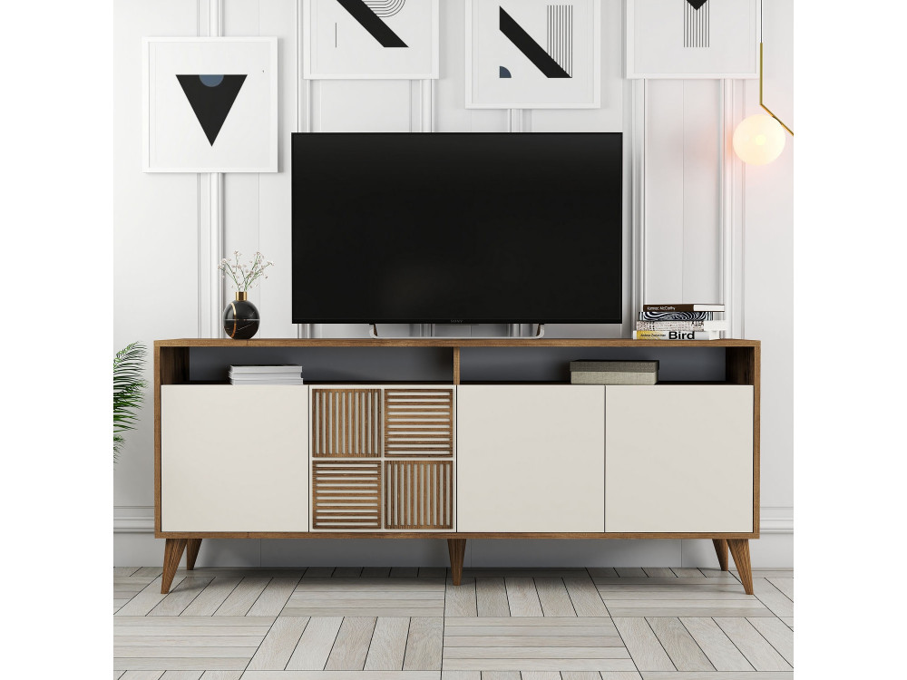 Drewniany kredens "Milan" - 180 x 35 x 78 cm - Orzech, Kremowy
