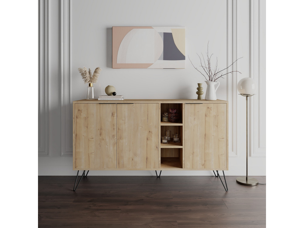 Drewniany kredens "Clara" - 142 x 36 x 83 cm - Beżowy
