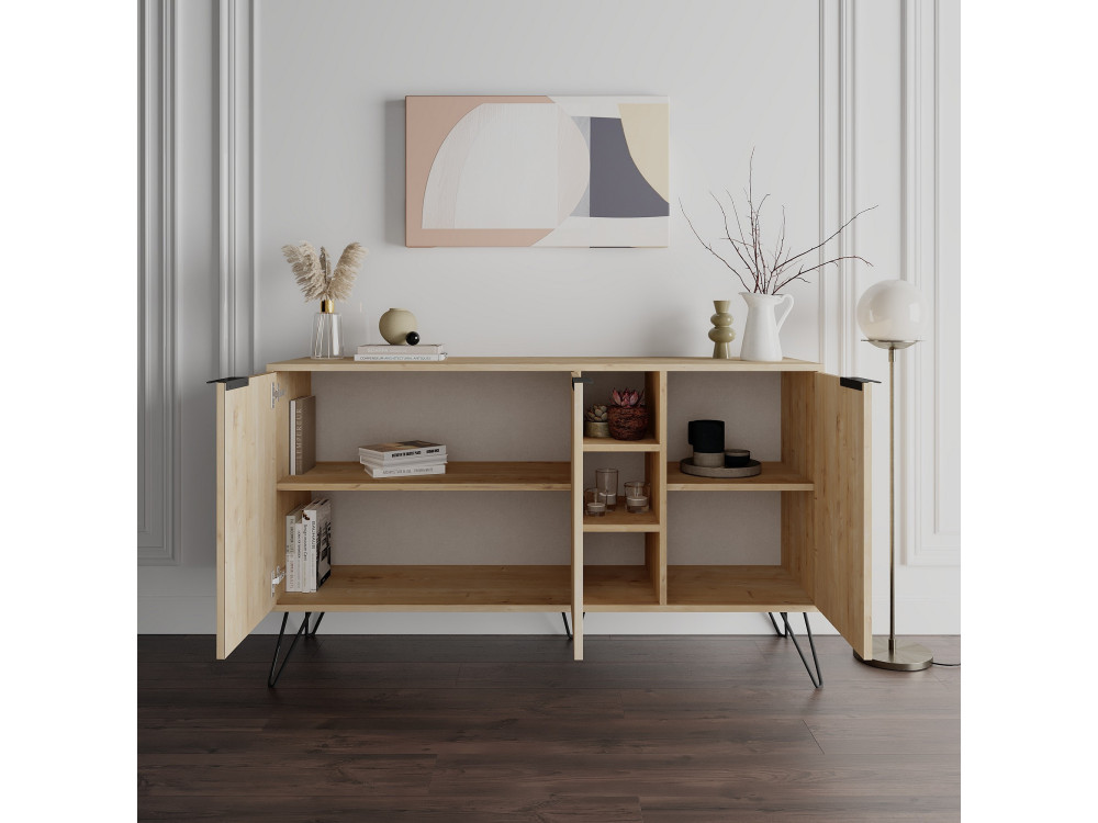 Drewniany kredens "Clara" - 142 x 36 x 83 cm - Beżowy