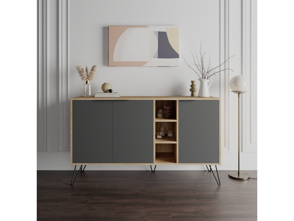 Drewniany kredens "Clara" - 142 x 36 x 83 cm - Antracytowy szary