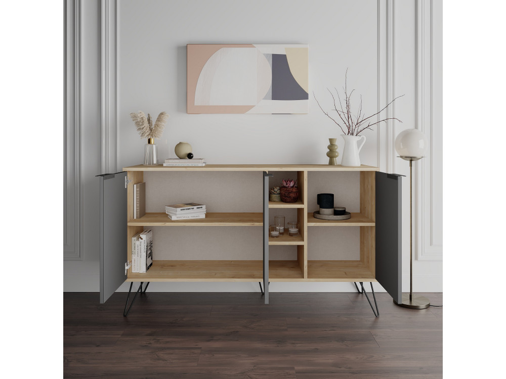 Drewniany kredens "Clara" - 142 x 36 x 83 cm - Antracytowy szary
