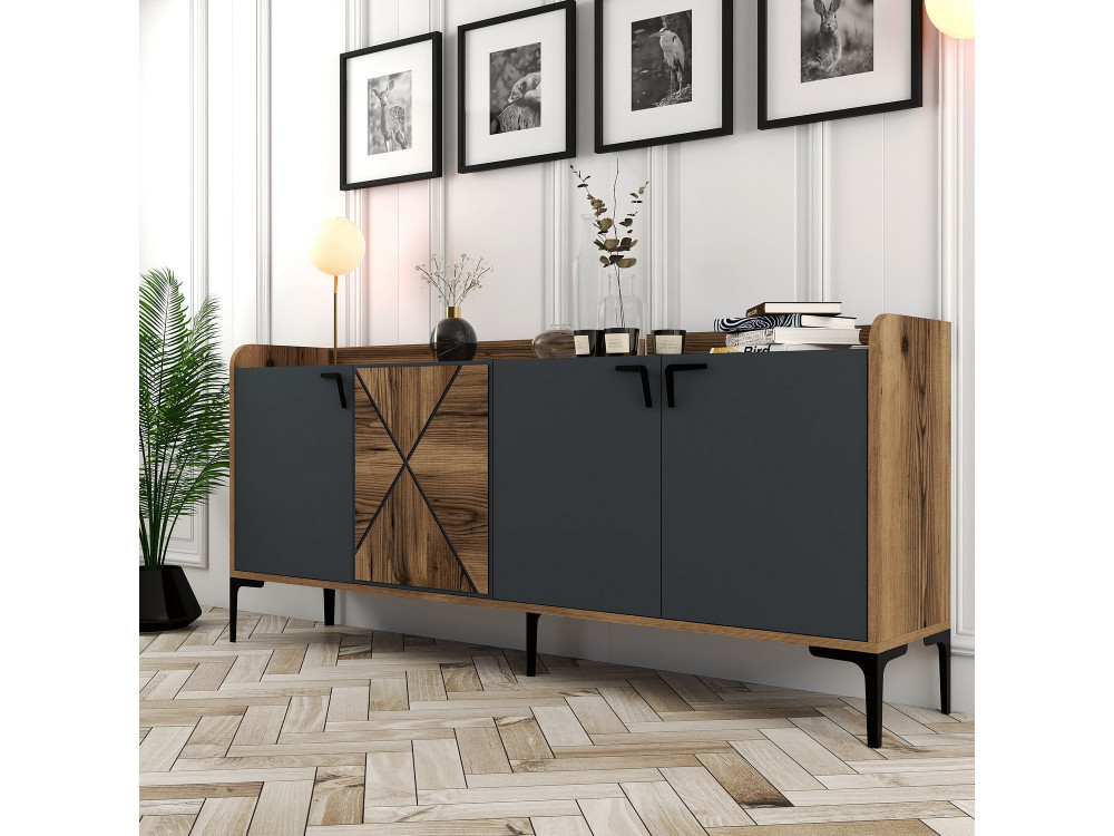 Drewniany kredens "Venedik" - 180 x 35 x 78 cm - Antracytowy szary