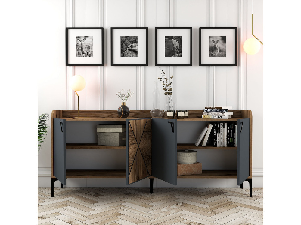 Drewniany kredens "Venedik" - 180 x 35 x 78 cm - Antracytowy szary