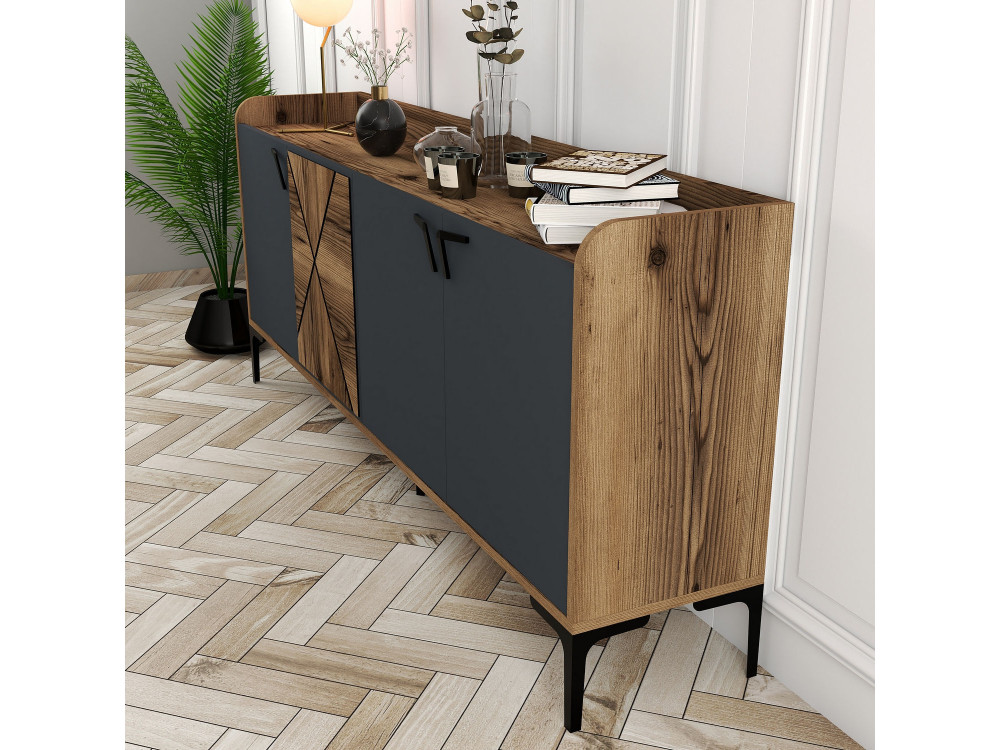 Drewniany kredens "Venedik" - 180 x 35 x 78 cm - Antracytowy szary