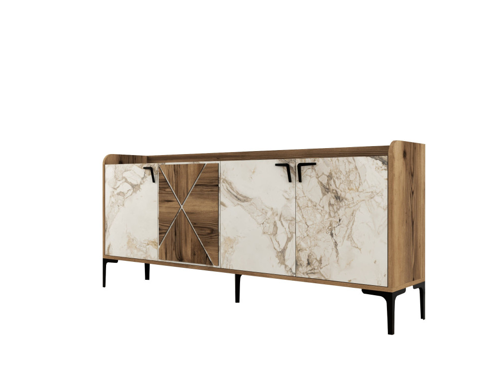 Drewniany kredens "Venedik" - 180 x 35 x 78 cm - Marmurkowa biel