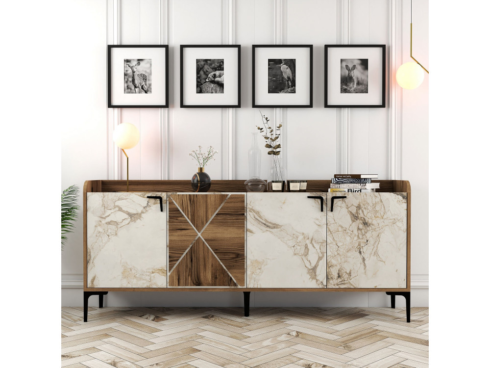 Drewniany kredens "Venedik" - 180 x 35 x 78 cm - Marmurkowa biel