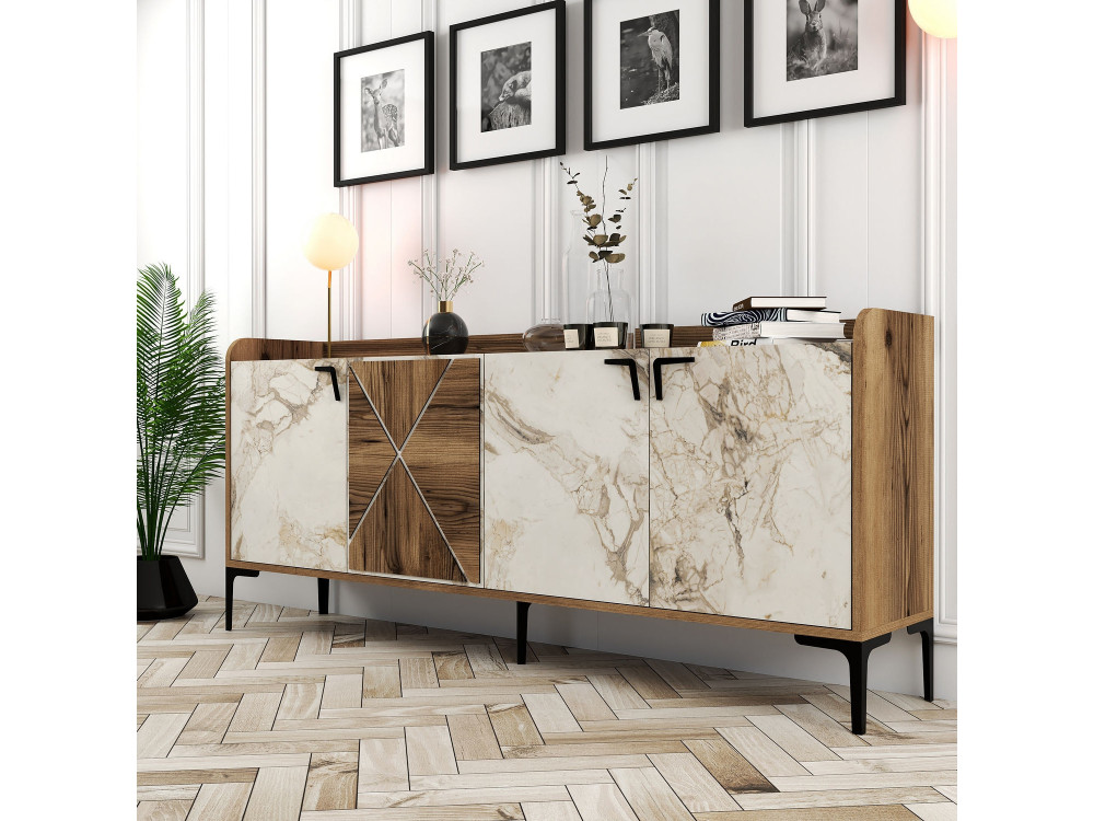 Drewniany kredens "Venedik" - 180 x 35 x 78 cm - Marmurkowa biel
