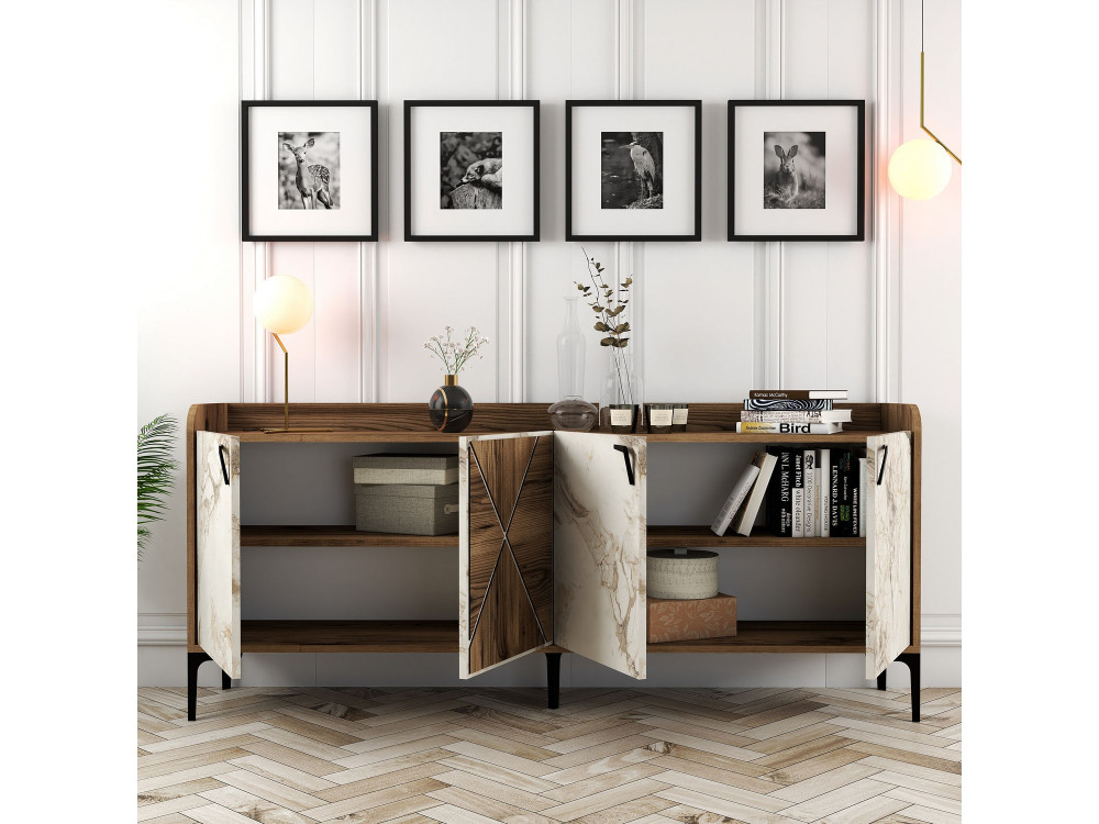 Drewniany kredens "Venedik" - 180 x 35 x 78 cm - Marmurkowa biel