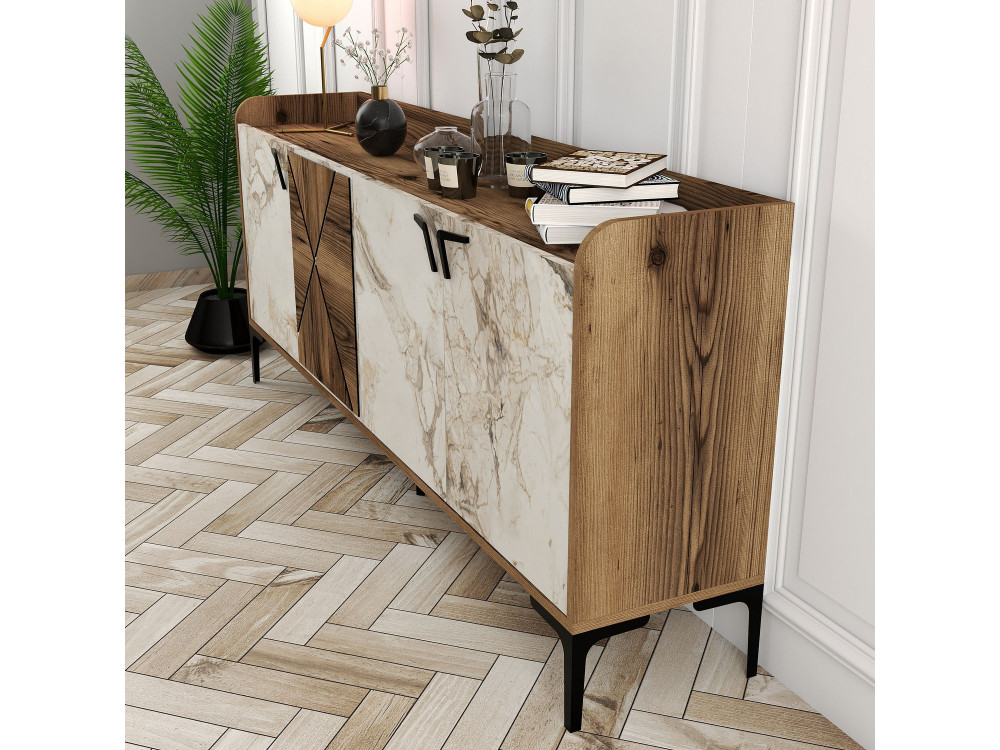 Drewniany kredens "Venedik" - 180 x 35 x 78 cm - Marmurkowa biel