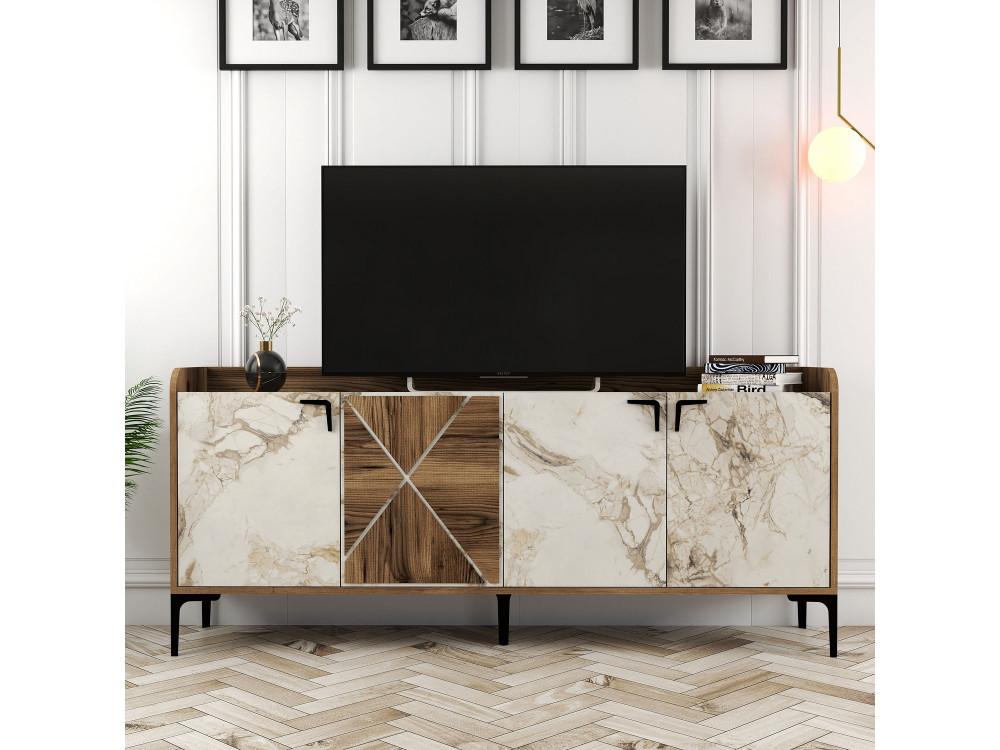 Drewniany kredens "Venedik" - 180 x 35 x 78 cm - Marmurkowa biel