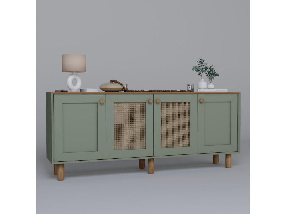 Kredens z drewna i trzciny "Bohemian" - 180 x 40 x 75 cm - Zielony