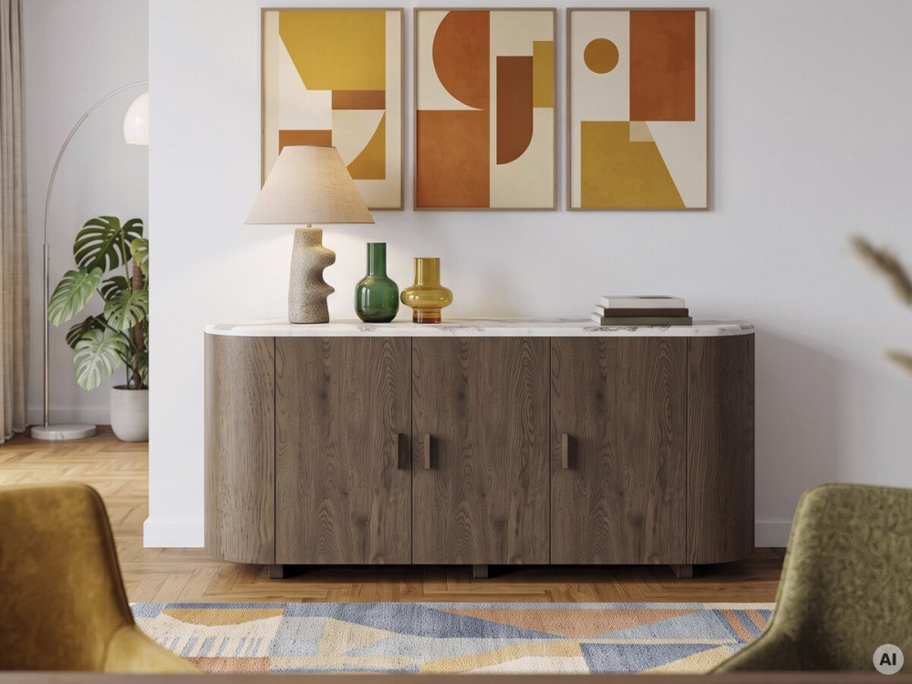 Drewniany kredens z ceramiczną półką „Azya” – 160 x 45 x 75 cm – brązowy