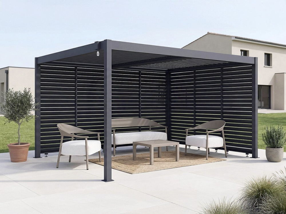 Pergola bioklimatyczna z 7 aluminiowymi żaluzjami „Windsor” – 3 x 4 m – szara