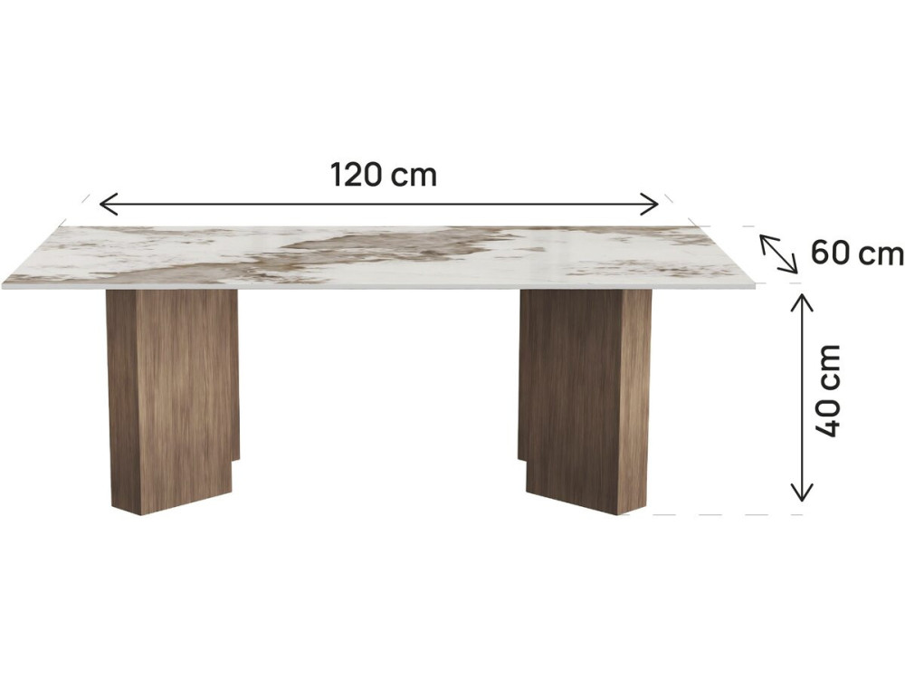 Drewniany stolik kawowy z ceramicznym blatem „Elma” – 120 x 60 x 40 cm – brązowy