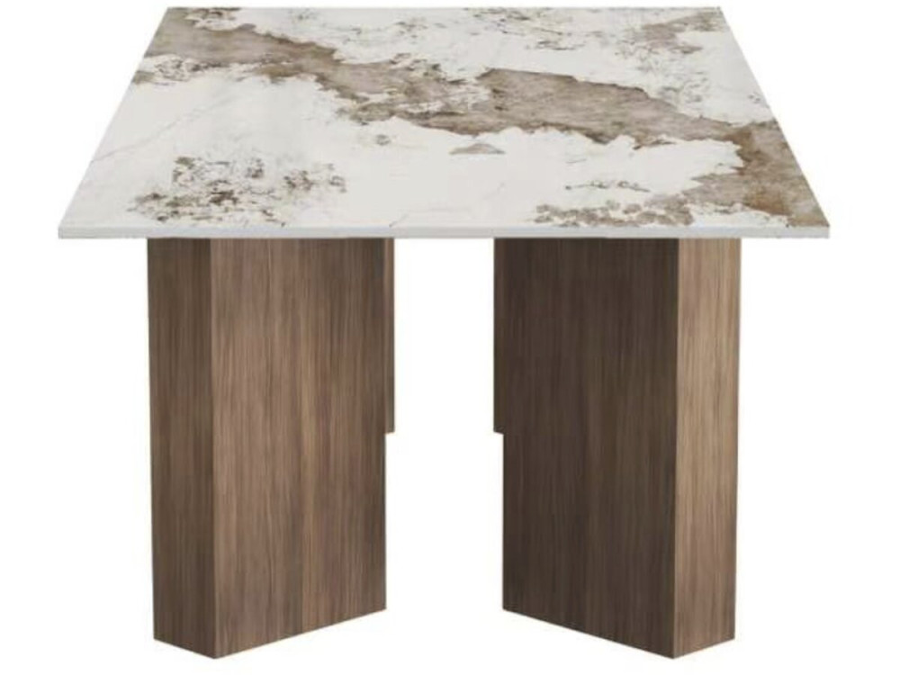Drewniany stolik kawowy z ceramicznym blatem „Elma” – 120 x 60 x 40 cm – brązowy