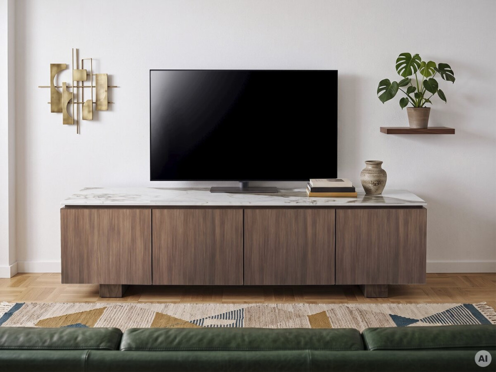 Drewniana szafka pod telewizor z ceramiczną półką „Elma” – 160 x 45 x 45 cm – brązowa