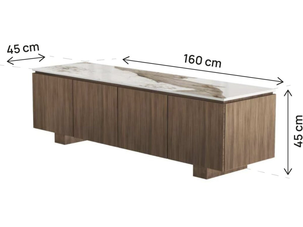Drewniana szafka pod telewizor z ceramiczną półką „Elma” – 160 x 45 x 45 cm – brązowa
